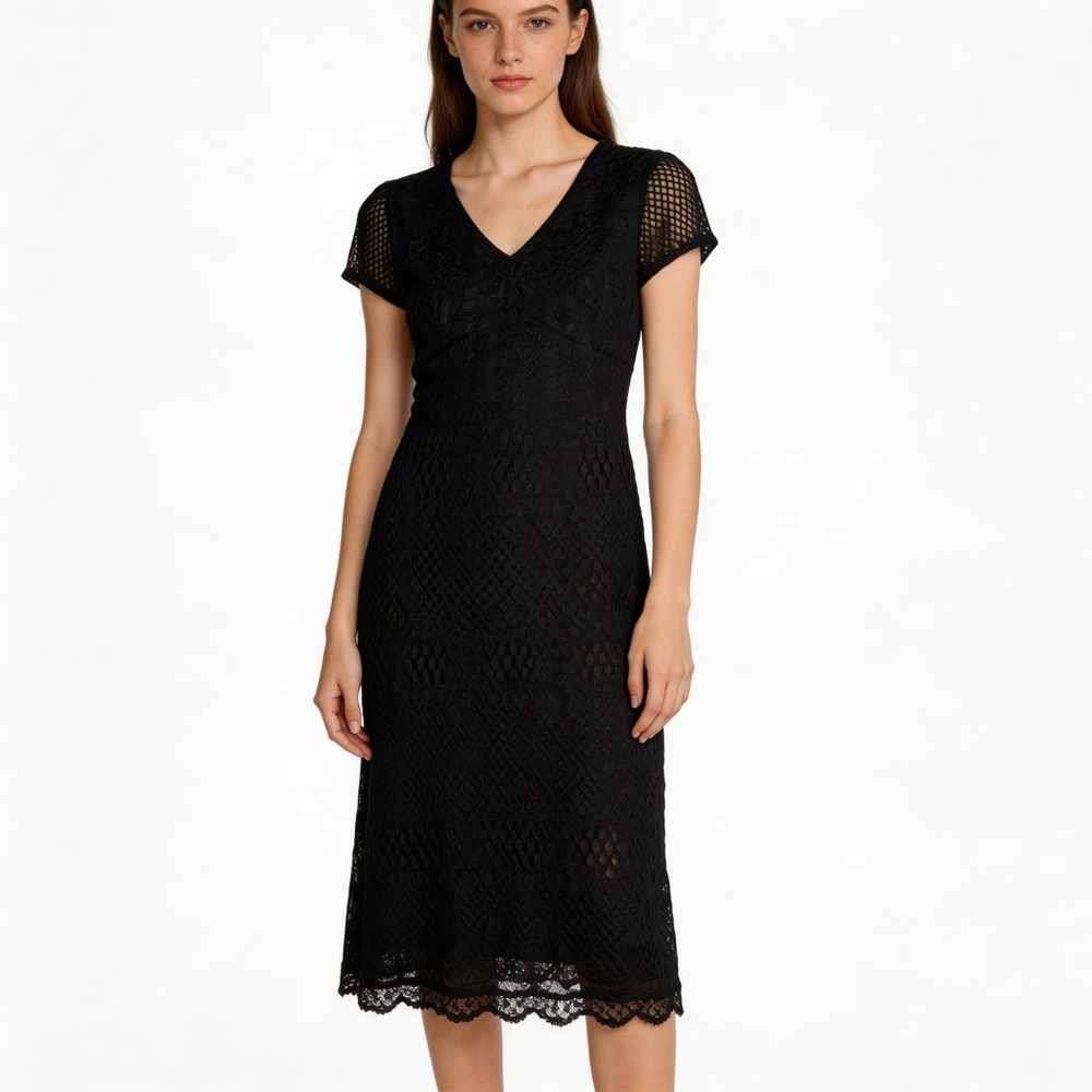 Petite Sophisticate & Co Black Crochet Maxi Slip Dress Short Sleeve VNeck sz 10P